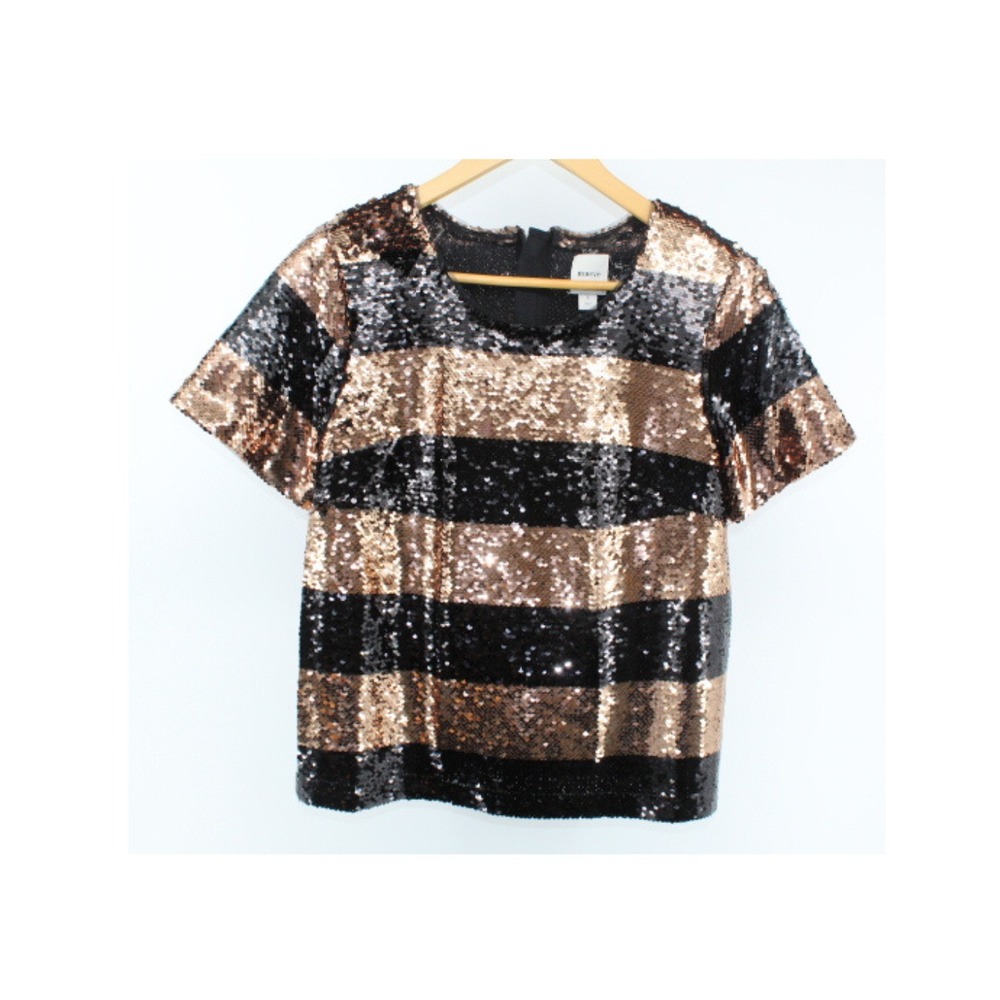 Maeve Sequin Striped Top Women's Small Black‎ Gold Short Sleeve Blouse